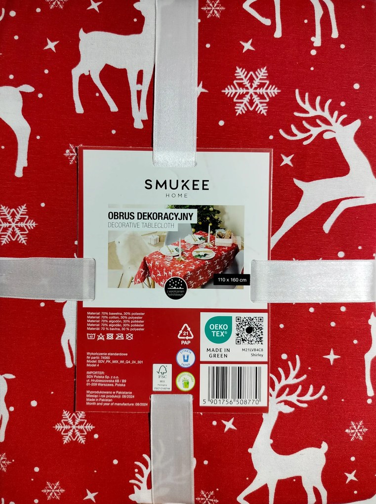 Karácsonyi dekorációs asztalterítő piros rénszarvasok 110x160 pamut 770