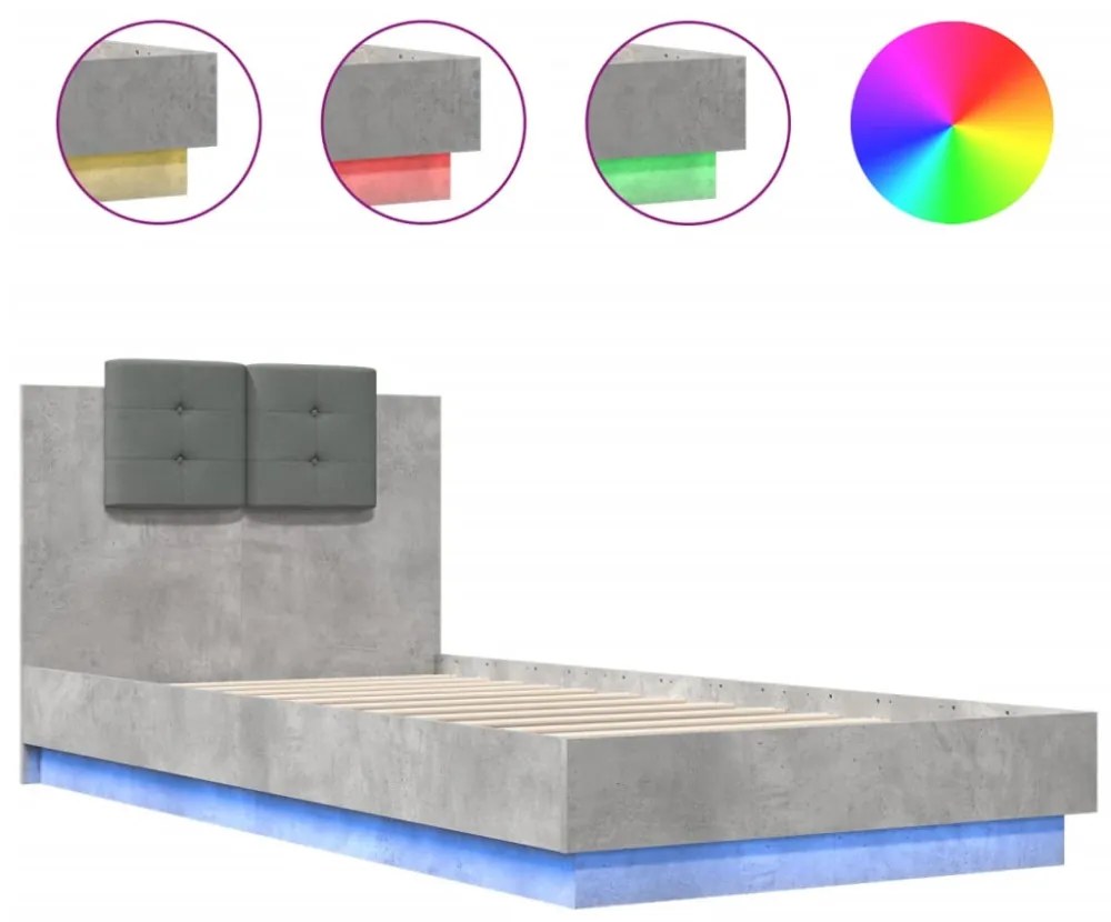betonszürke ágykeret fejtámlával és LED-világítással 100x200 cm