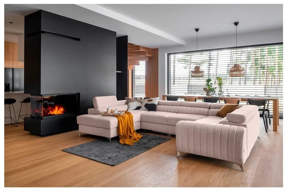 Rózsaszín kinyitható-tárolóhelyes sarokkanapé (bal oldali-U alakú) Louis – ELTAP