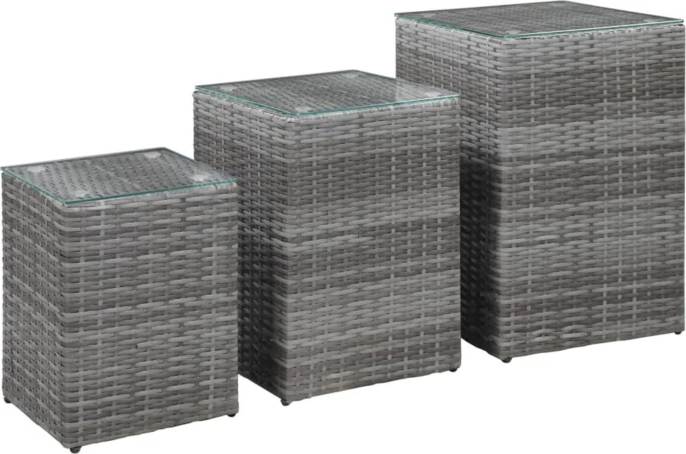 vidaXL 3 db szürke polyrattan kisasztal üveg asztallappal
