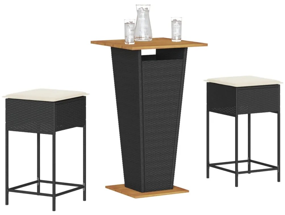 3 részes fekete polyrattan kerti bárszett párnával