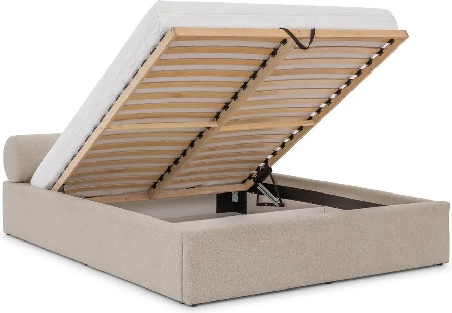 Bézs kárpitozott ágyneműtartós franciaágy ágyráccsal 140x200 cm Cille – Ropez