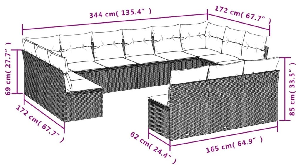 13 részes fekete polyrattan kerti ülőgarnitúra párnákkal