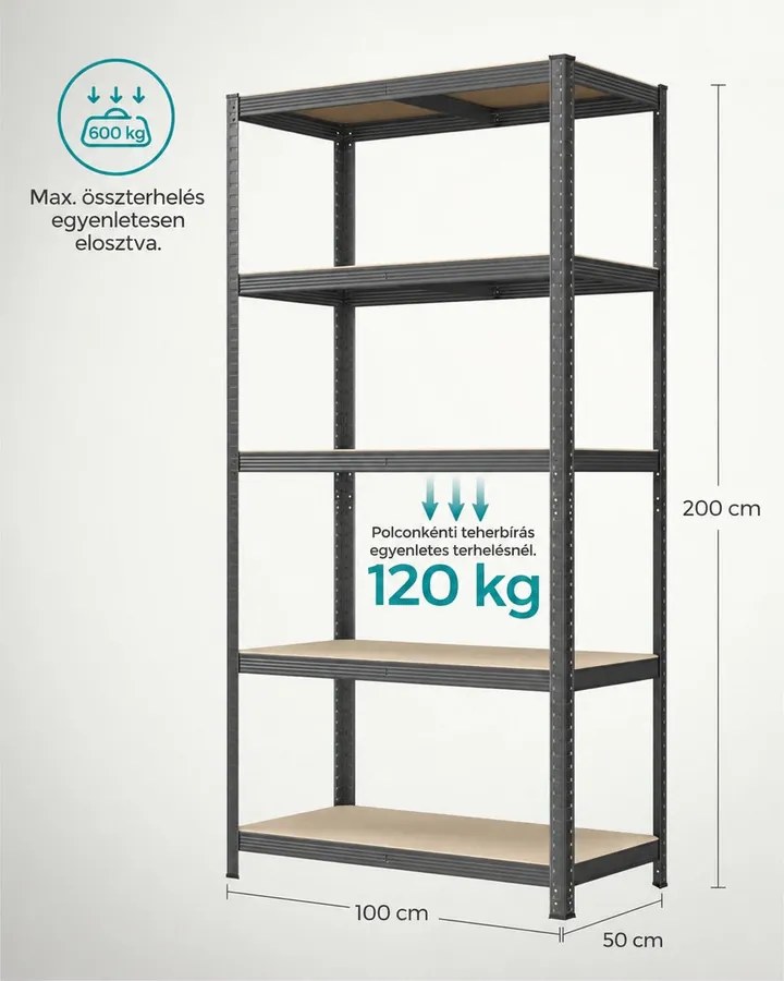 5 szintes fém tároló polc, teherbírás 600 kg, 50 x 100 x 200 cm, szürke