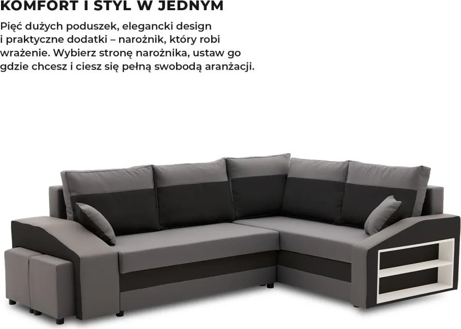 Grande sarokkanapé polcokkal és puffokkal , polc a jobb karfaban puffok a bal karfaban, jobboldali, szövet anyag, hab töltet, szürke - fekete