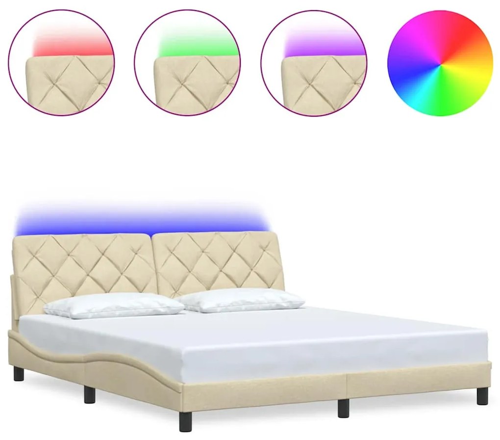 krémszínű szövet ágykeret LED-ekkel matrac nélkül 180 x 200 cm