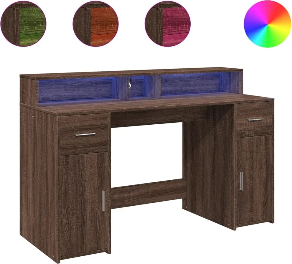 vidaXL barna tölgy színű szerelt fa íróasztal LED-ekkel 140x55x91 cm