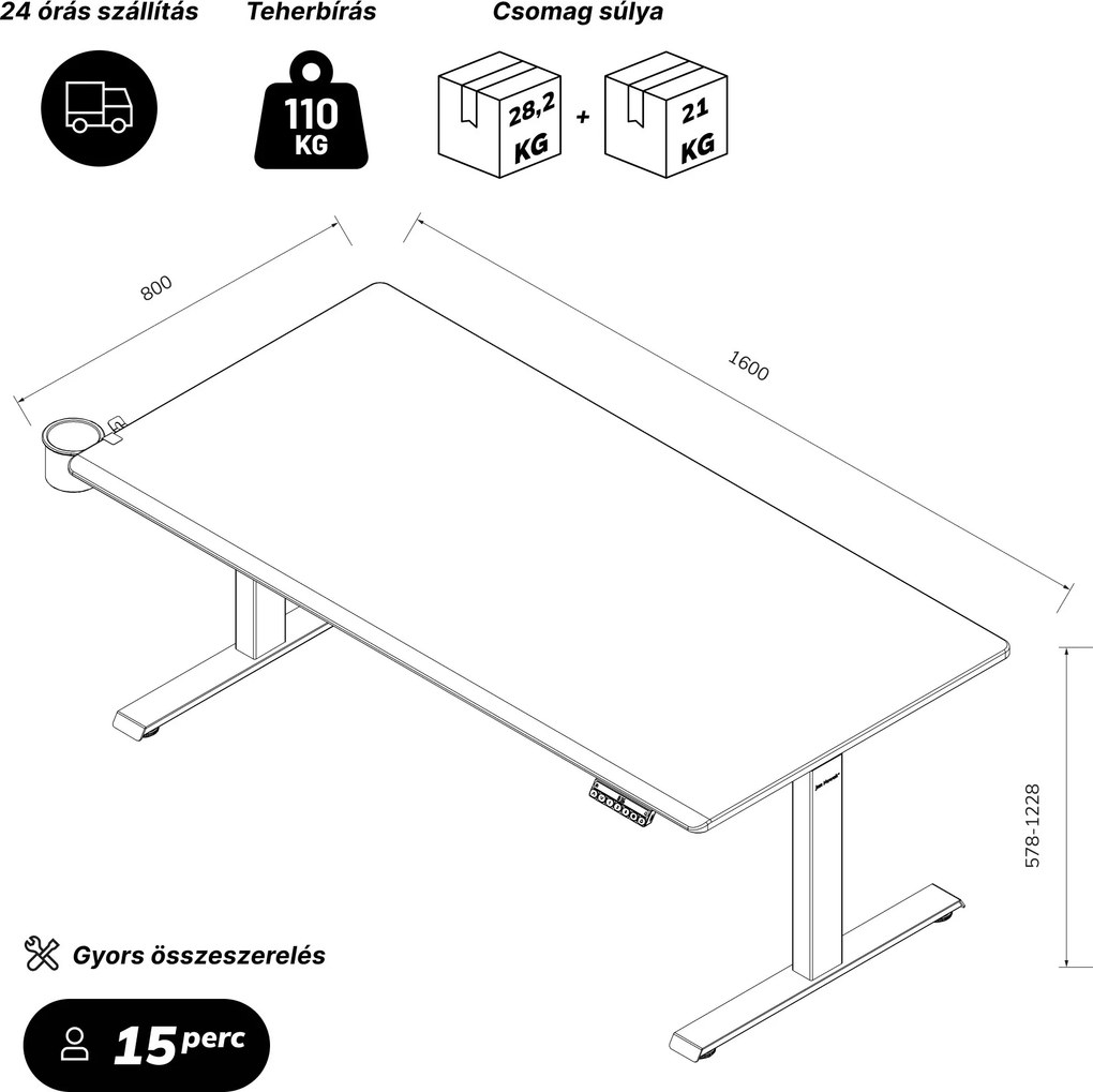 Elektromos, állítható magasságú, ergonomikus, fehér-antracit íróasztal,1600x800 mm: ARIA