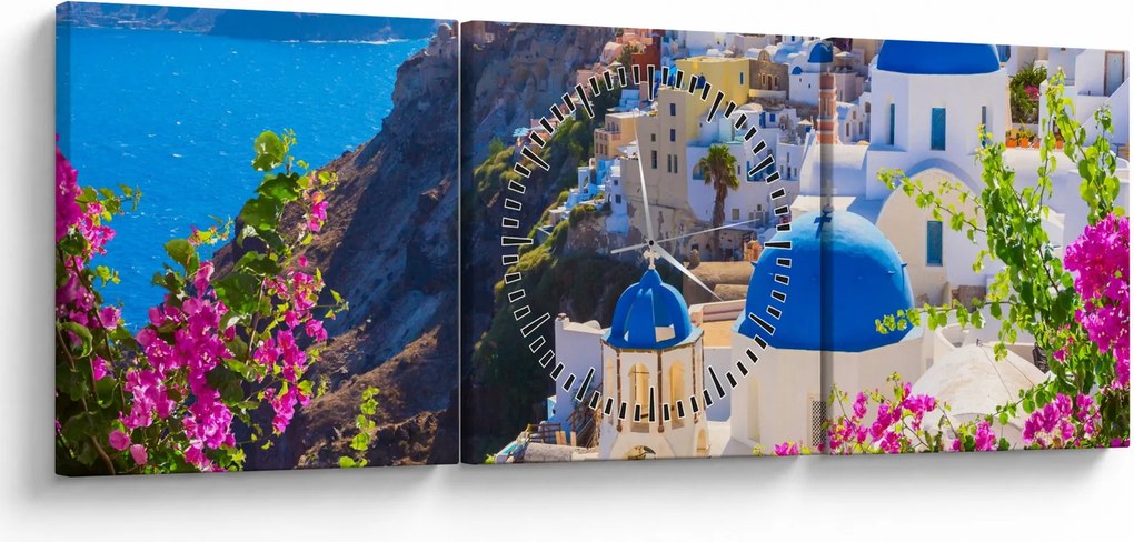 Kép - Santorini, Görögország (órával) (90x30 cm)