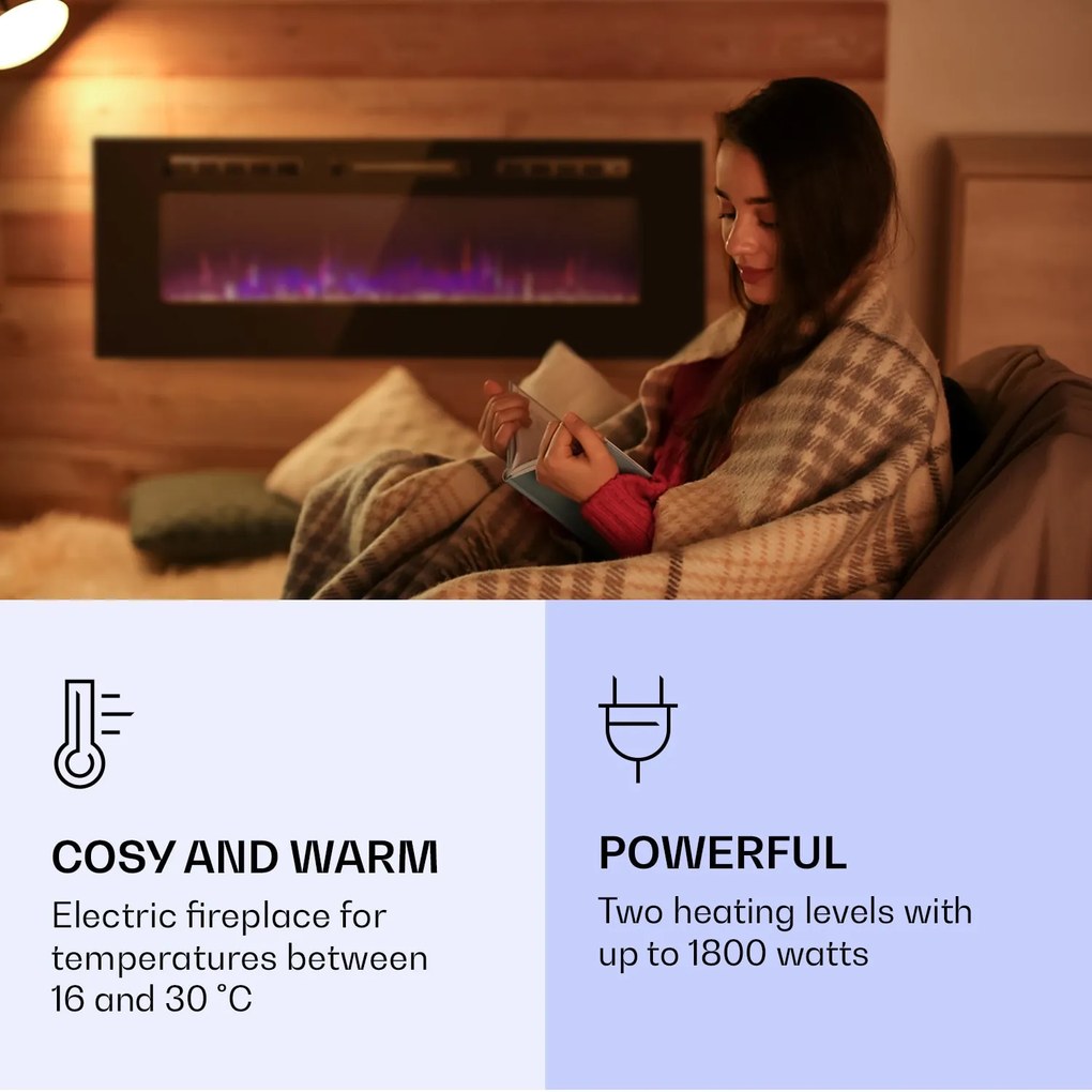 Klarstein Galeras, elektromos fali és beépített kandalló, 1800 W, LED, 3 szín, időzítő