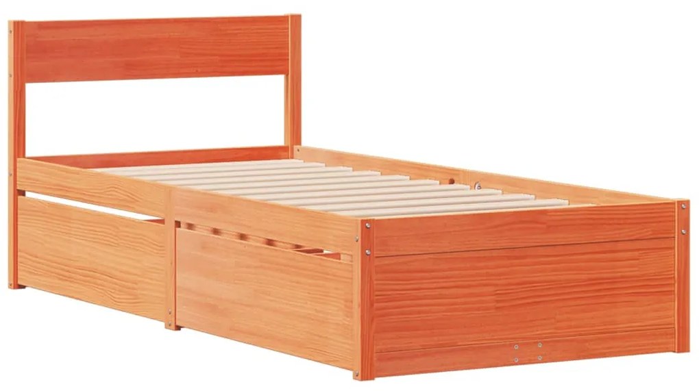 viaszbarna tömör fenyőfa ágy fiókokkal és matraccal 90 x 200 cm