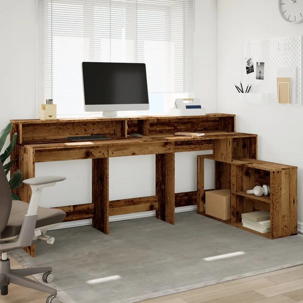antik fa színű szerelt fa íróasztal LED-ekkel 200 x 104 x 91 cm