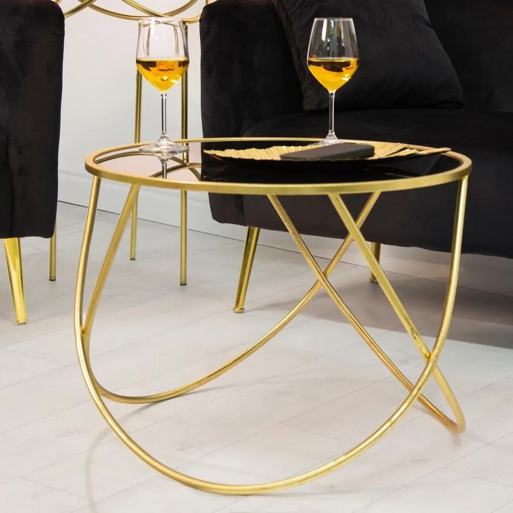 Kerek üveg dohányzóasztal, hajlított lábbal, 60 cm, fekete-arany - CANOPUS