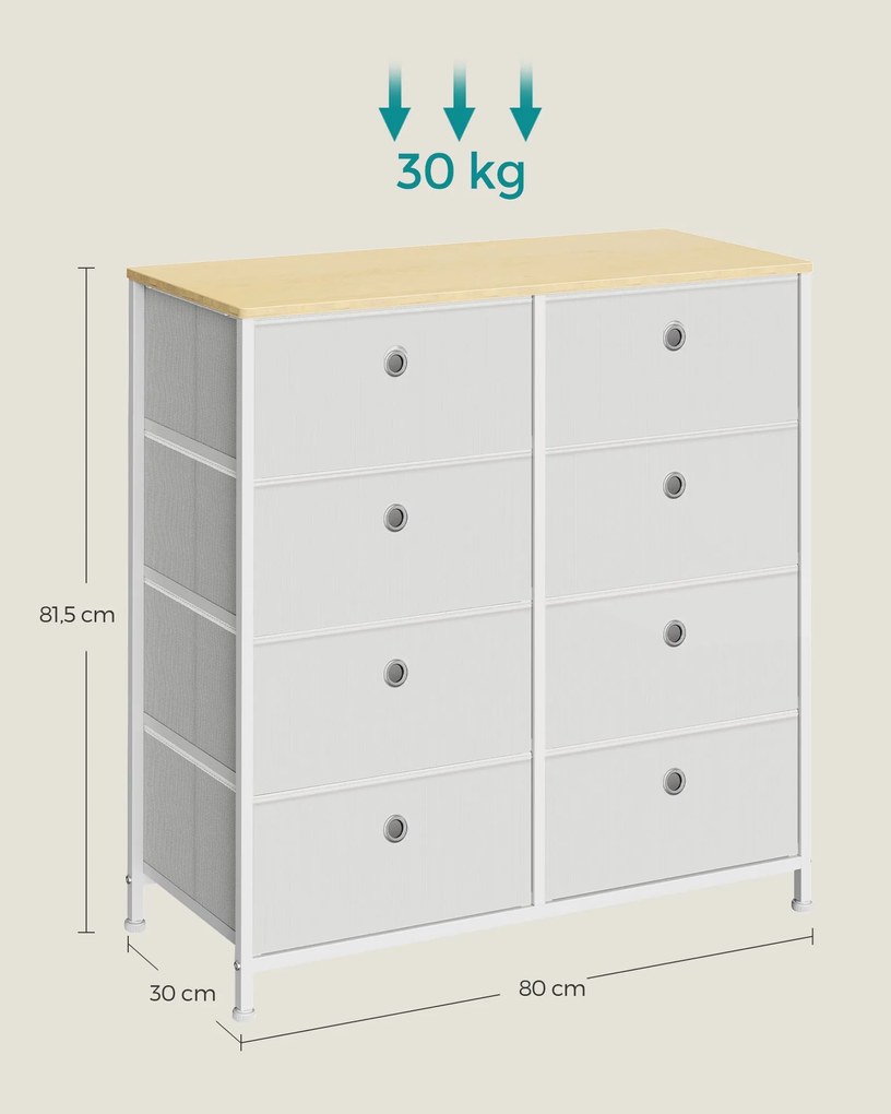 Világosszürke fehér 8 fiókos szövet komód fém váz