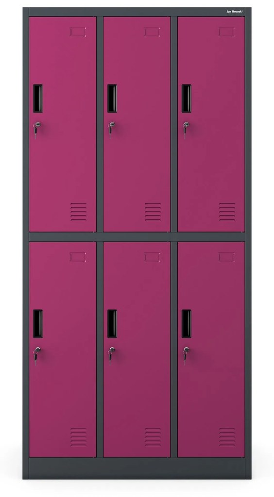 Fém öltözőszekrény 6 rekeszes IGOR, 900 x 1850 x 450 mm, antracit-fukszia