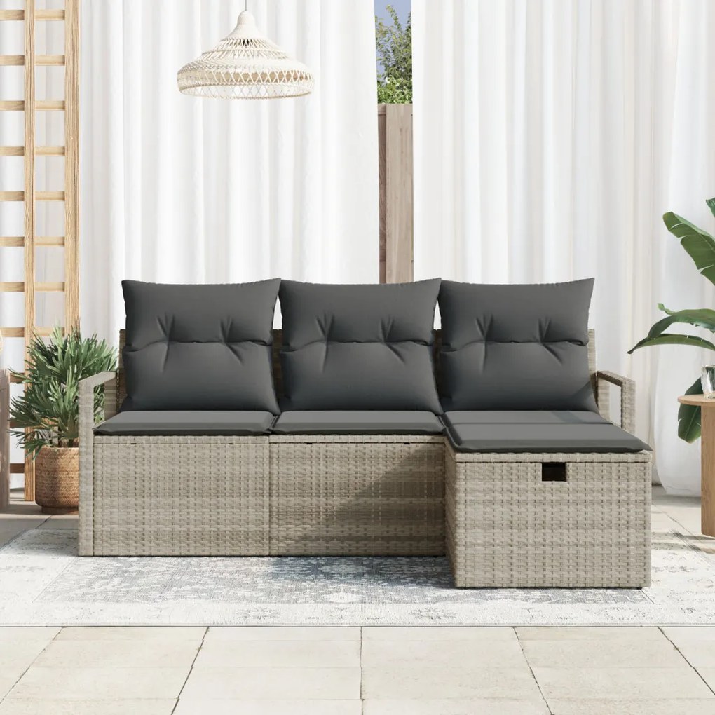 4 darabos kertkanapé szett párnákkal világosszürke poli rattan, 2 üléses kertkanapé tárolóval és párnákkal szürke poli rattan