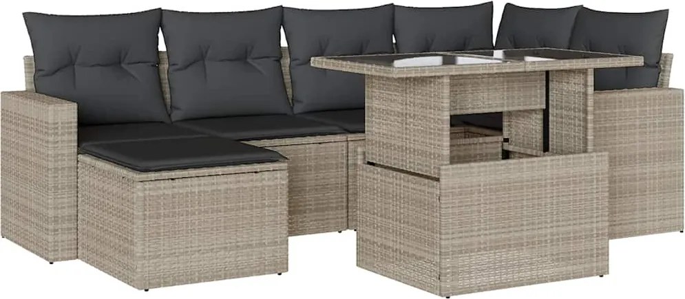 vidaXL 7 részes világosszürke polyrattan kerti ülőgarnitúra párnákkal