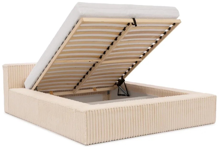 Bézs kárpitozott ágyneműtartós franciaágy ágyráccsal 200x200 cm Cloe – Ropez