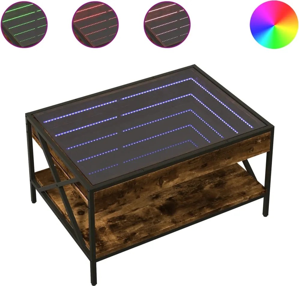 vidaXL füstös tölgy végtelen hatású LED-es dohányzóasztal 70x50x38 cm