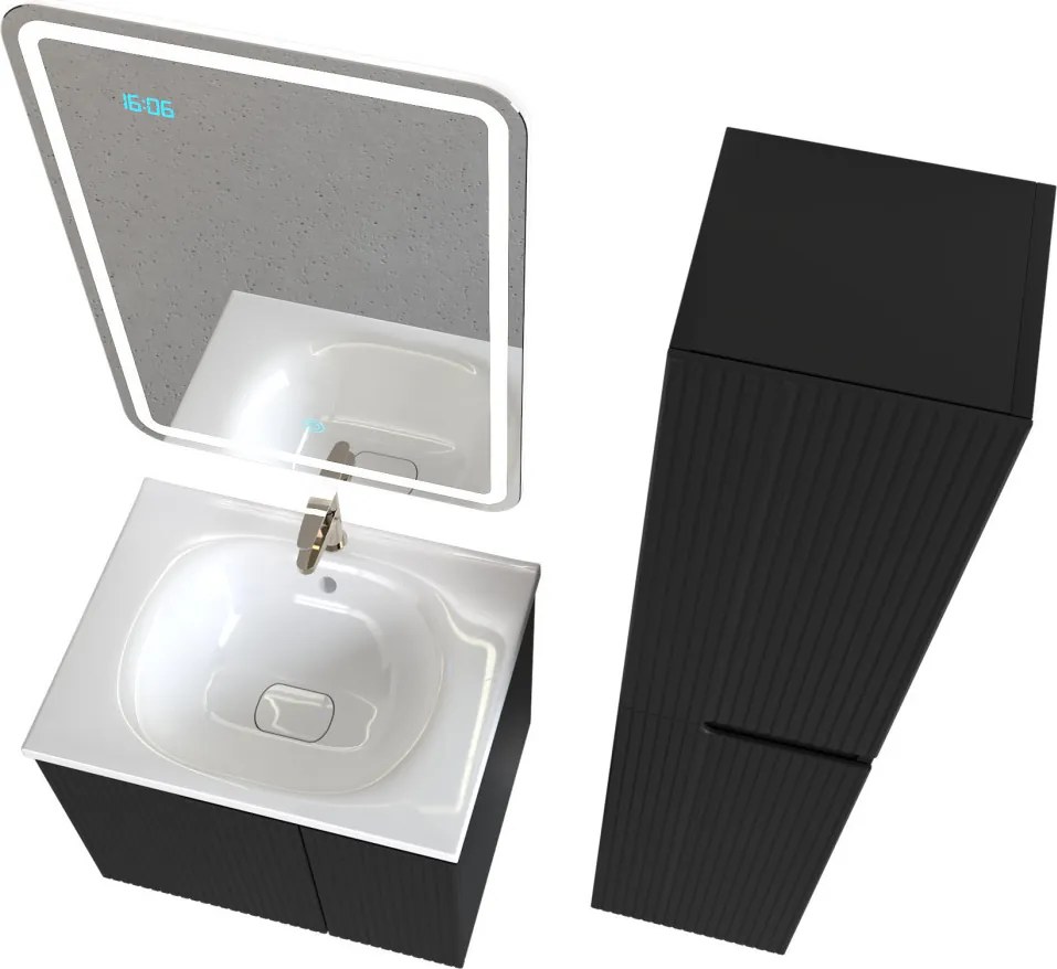 Piramida EURIDIKA fali fürdőszobabútor - műmárvány mosdóval -2 ajtós - PINO FEKETE - 65 x 48 x 53 cm