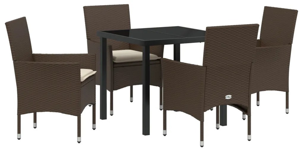 5 Részes Kerti Étkező Szett Párnákkal Barna Poli Rattan, Kerti Asztal Fekete 80x80x73 cm Edzett Üveg