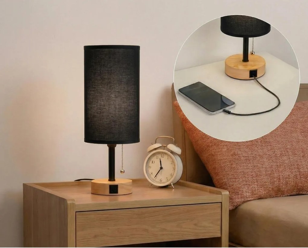 BRILAGI - TABLON asztali lámpa USB-porttal, 1xE27/25W/230V, tölgy/fekete