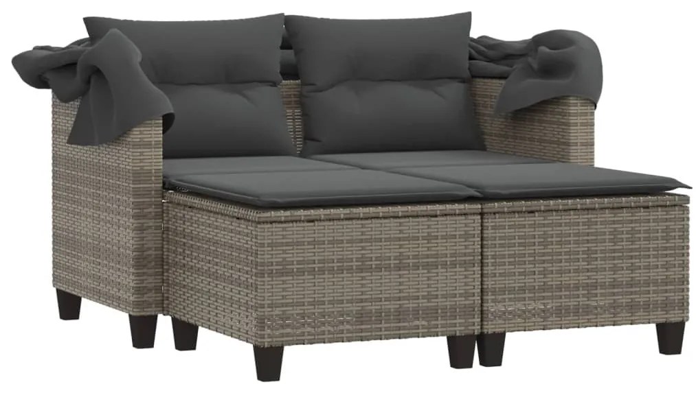 2 személyes szürke polyrattan kerti kanapé baldachinnal/székkel