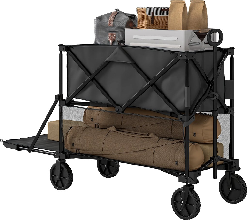 Outsunny Kerti Agyag Szállító Kocsi 200kg Teherbíró Két-Tiers Szállító Kocsi Levehető Fedéllel, Kerekekkel, Kormányzási tengellyel, Összecsukható Kocs