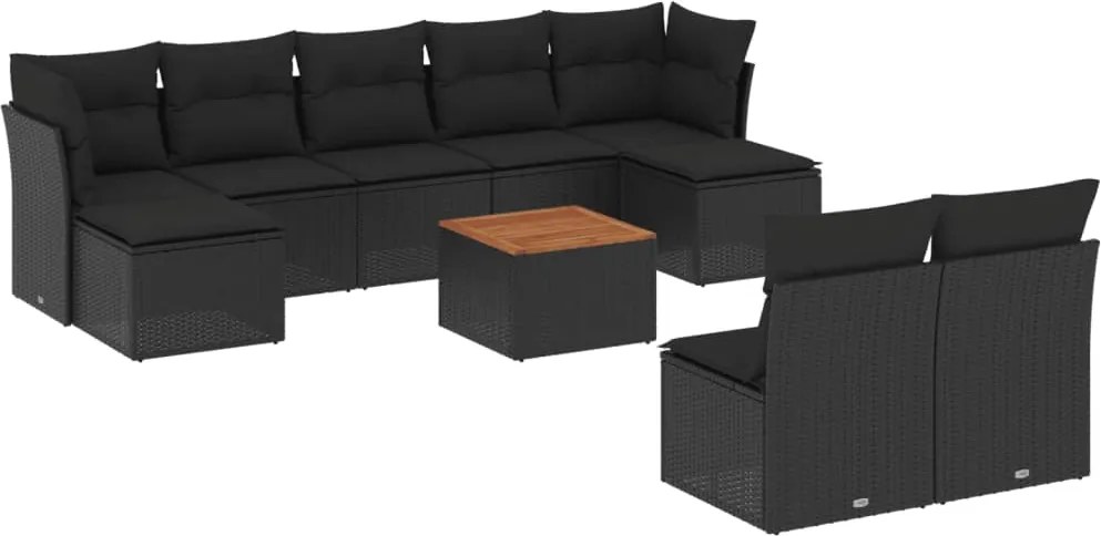vidaXL 10 részes fekete polyrattan kerti ülőgarnitúra párnákkal