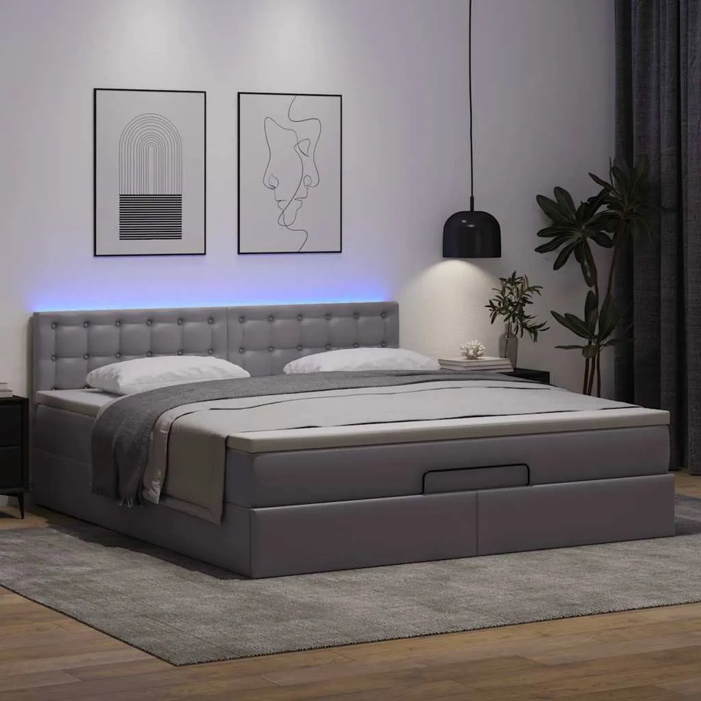 szürke műbőr ottomán ágy matracokkal &amp; LED-ek 180x200cm
