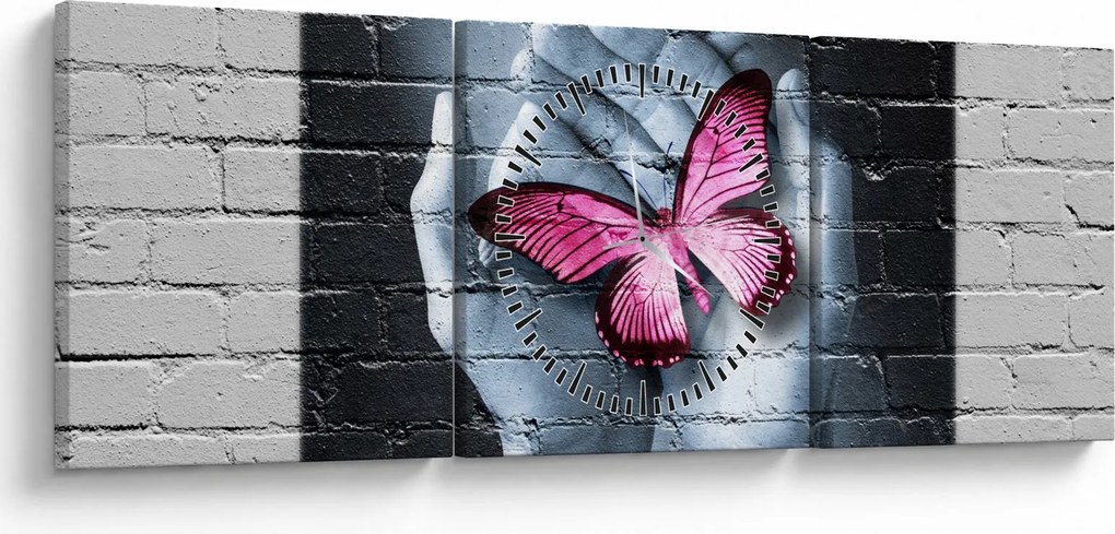 Kép - Rózsaszín pillangó a falon (órával) (90x30 cm)