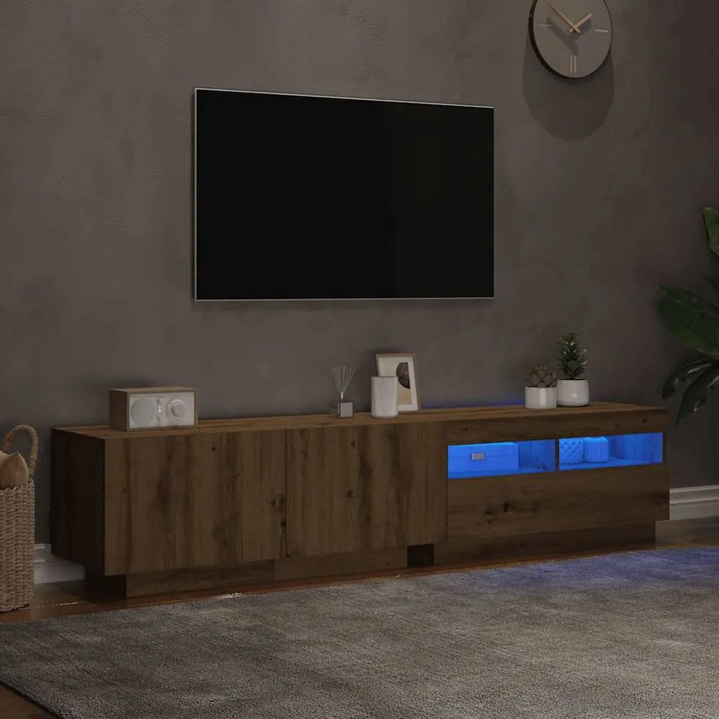 kézműves tölgy szerelt fa TV-szekrény LED-ekkel 180x35x40 cm