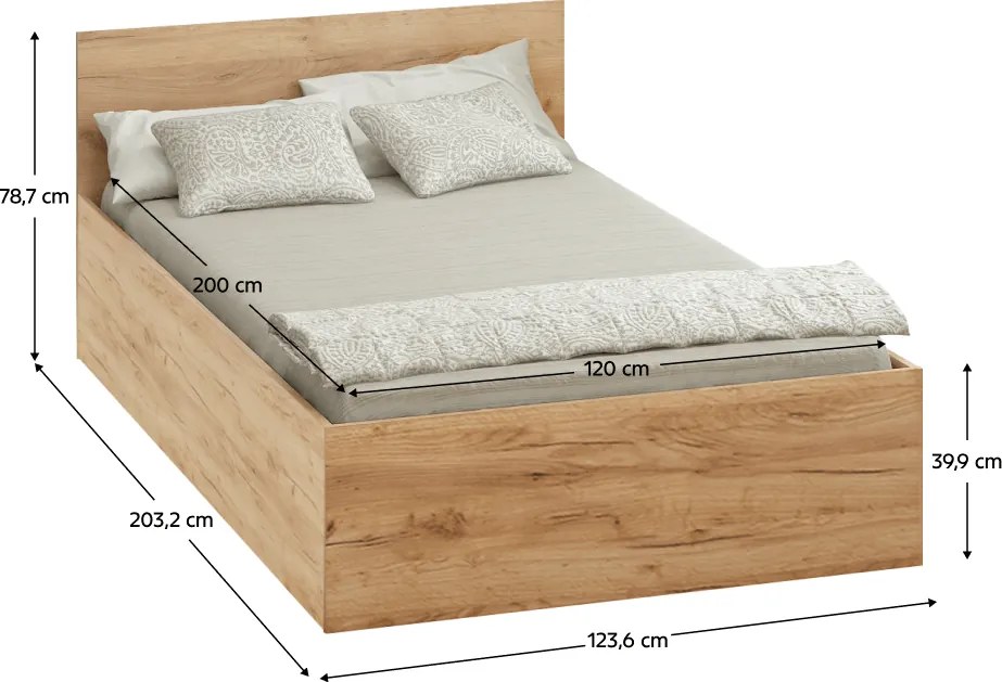 Ágy fém ráccsal és tárolóhellyel, 120x200, tölgy craft arany, DOLI