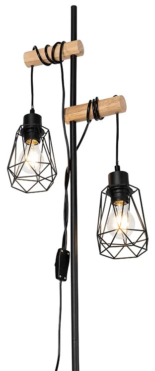Rusztikus állólámpa fekete fával, 2-lámpás árnyékolóval - Dami Frame