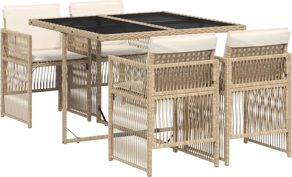 vidaXL 5 részes bézs polyrattan kerti étkezőgarnitúra párnákkal