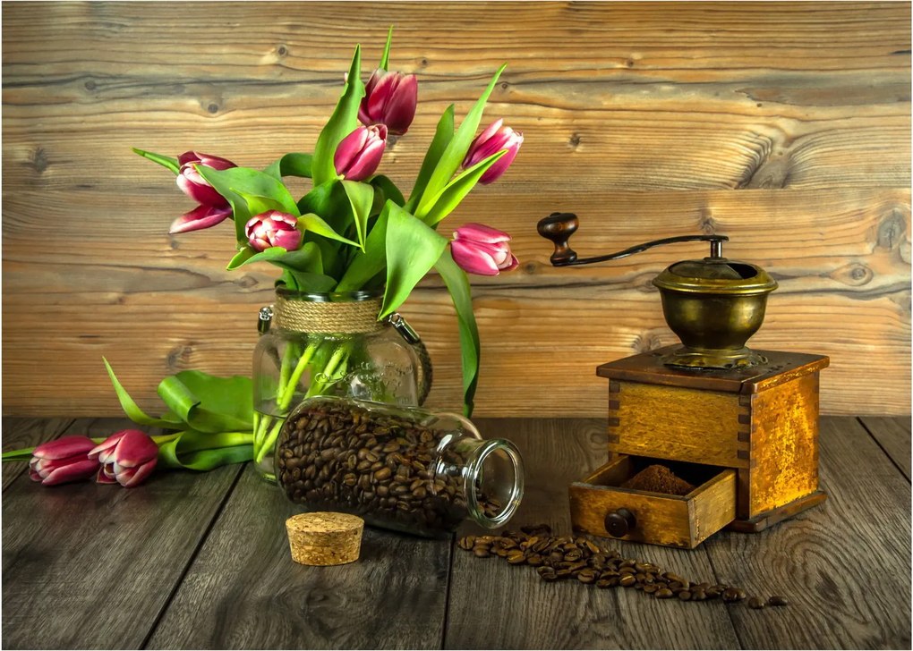 Tulipánok, daráló és kávé képe (üvegen) (70x50 cm)