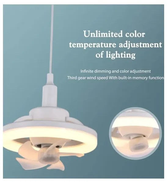 E27 mennyezeti ventilátor LED lámpával, WALALLA, dugaszolható ventilátor, távirányítóval, 360°-ban forgatható LED, 3 színhőmérséklet, 85-265V, 48W, Fehér
