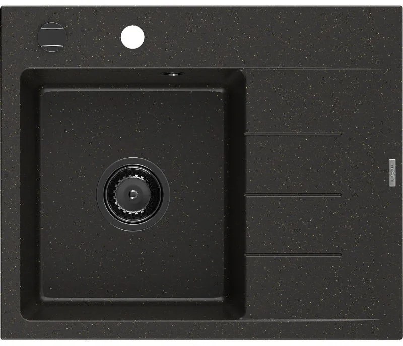 Mexen Ben gránit mosogató egy kamrával és csepegtetővel, balos 600 x 500 mm, fekete/arany metál, fekete szifon