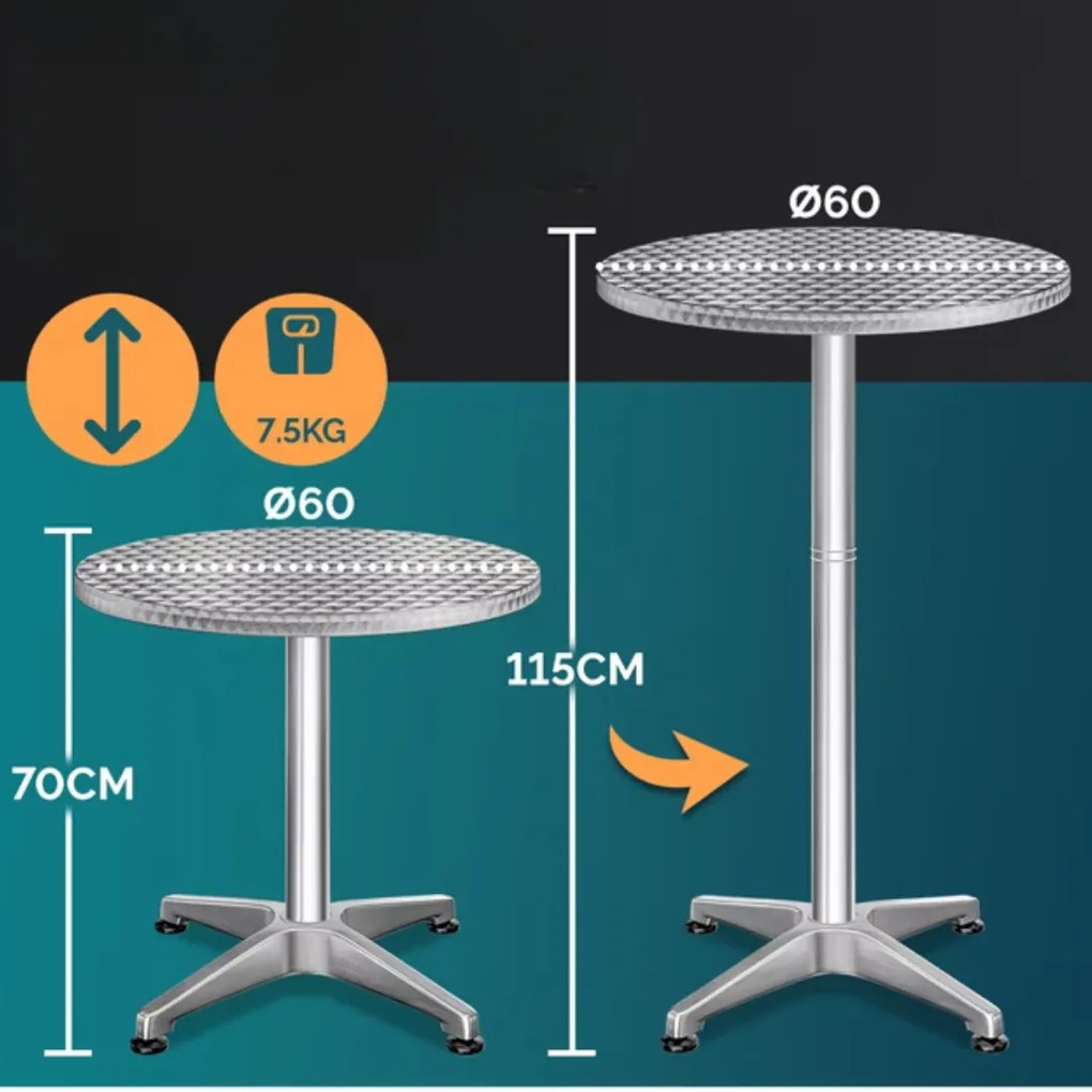 NERO állítható magasságú, alumínium bárasztal, Ø60cm, ezüst Casaria