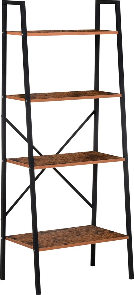 HOMCOM Létra Polc Ipari Könyvespolc 4 Polccal Nappaliba, Irodába, Tanuláshoz 60x35x145cm Rusztikus Barna | Aosom