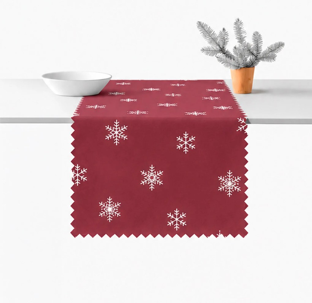 Goldea karácsonyi viaszosvászon asztali futó - hópelyhek piros alapon 35x160 cm