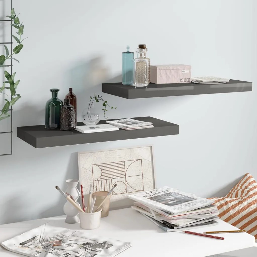 2 db magasfényű szürke MDF lebegő fali polc 60 x 23,5 x 3,8 cm