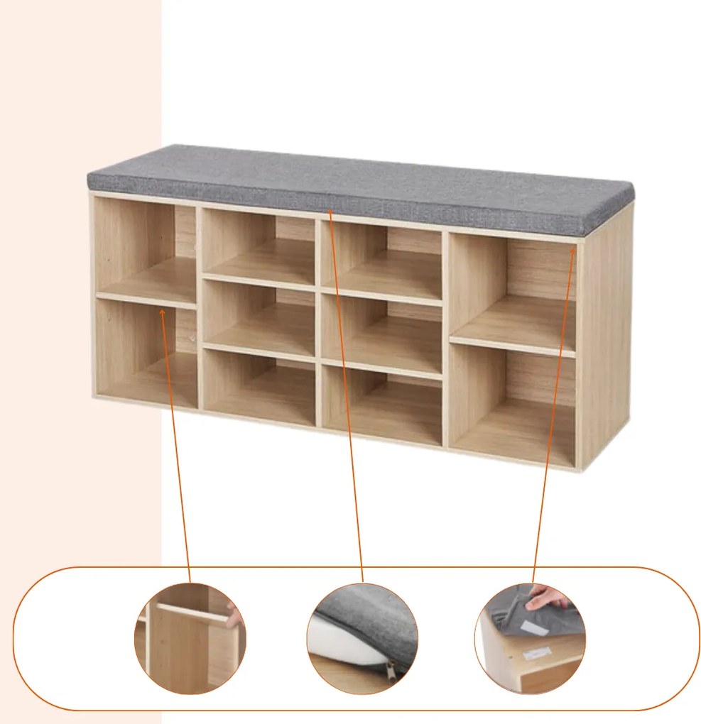 GABI cipősszekrény párnázott ülőkével, 10 rekesz, 104x30x48cm, szürke/világosbarna Jurhan