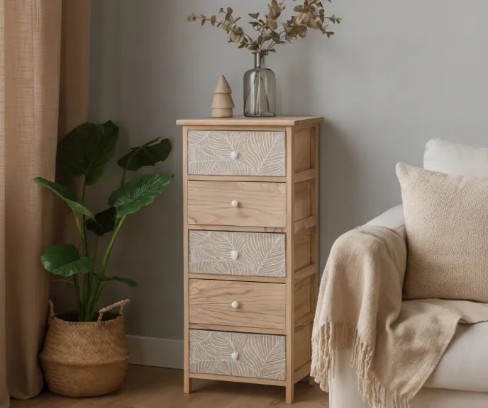 Komód LUIZA 5 fiókkal - boho design, 40 x 29 x 90 cm, 40 x 29 x 90 cm