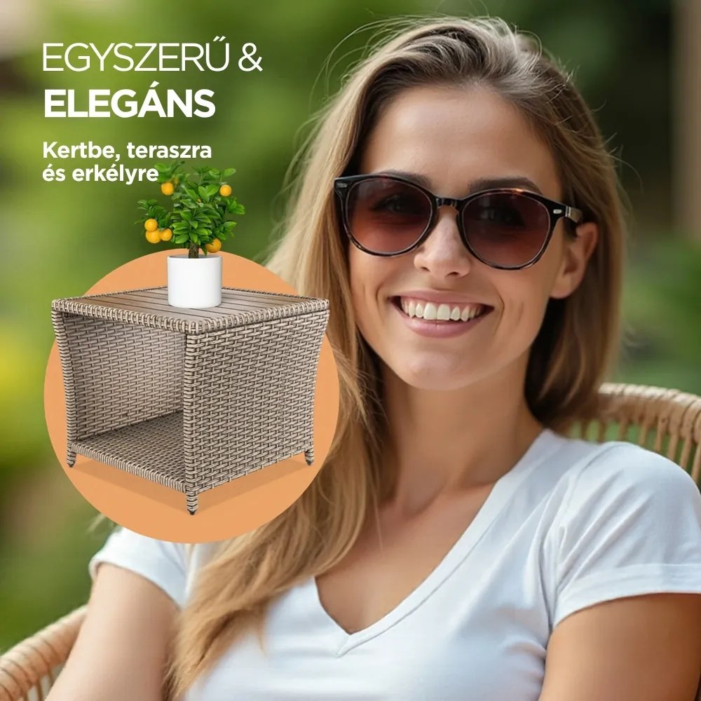 ROCCO polyrattan oldalasztal akácfával, 40x45x45cm, krémszínű Casaria