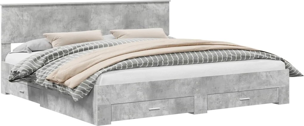 vidaXL Ágykeret fejtámlával fiókkal Beton Szürke 200 x 200 cm Faanyag