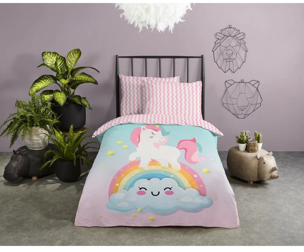 Rózsaszín-türkiz egyszemélyes pamut gyerek ágyneműhuzat 140x200 cm Sweety – Good Morning