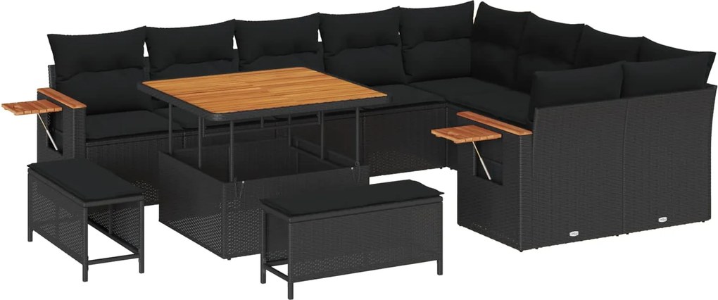 vidaXL Kerti Kanapé Szett 12 pcs Fekete Poli rattan és porfestett acél
