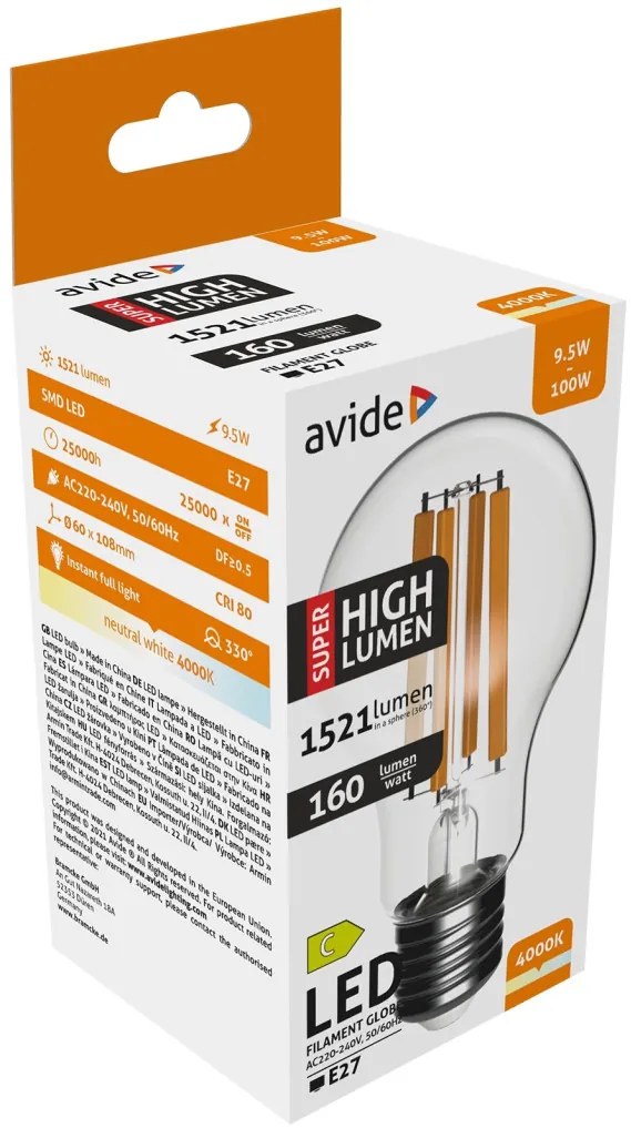 Avide LED Filament Globe 9.5W E27 A60 NW 4000K Super High Lumen