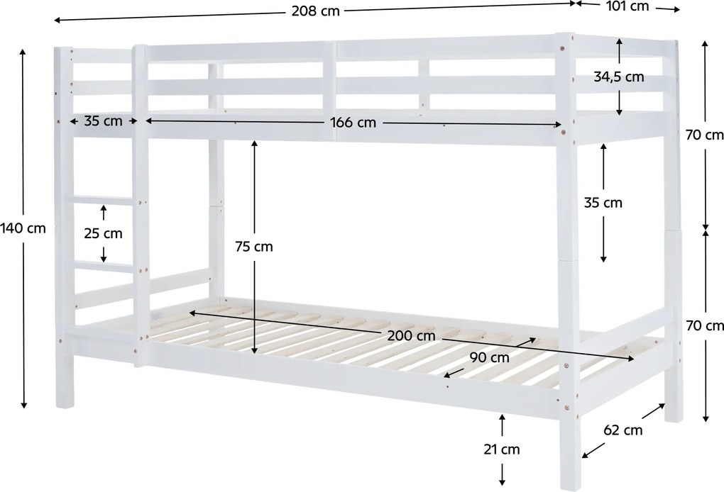 Emeletes ágy, 90x200, tömör fa, fehér, INEZA